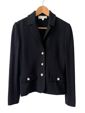 St John Collection Black Wool Knit Pearl Button Blazer